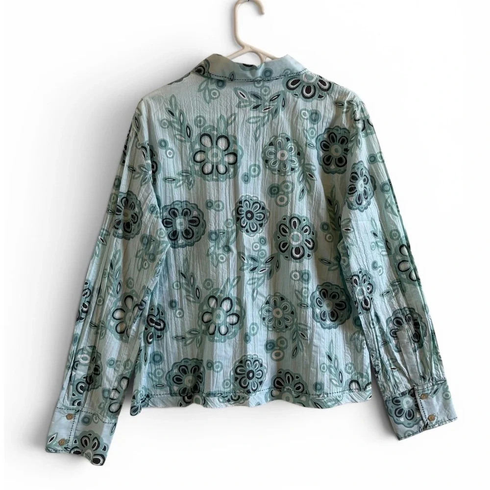 J Jill Women's Size XL Floral Crinkle Button Down Shirt Blue Green Long Sleeve - Picture 2 of 8